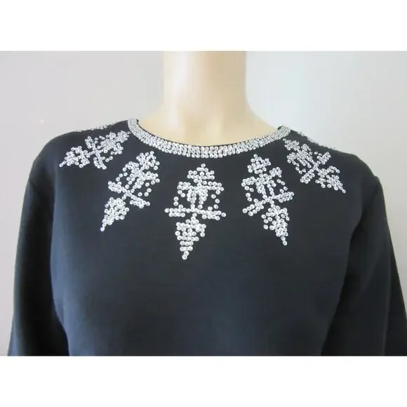 LIZ CLAIBORNE Black Beaded Vintage 10 Wool Blend Long Sleeve Knee Length Dress - Picture 2 of 7